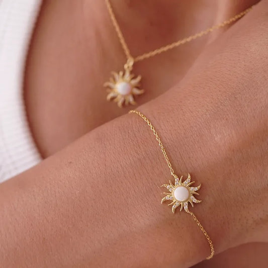Fashion Thin Chain Bracelets for Women Retro Opal Sun Pendant Stainless Steel Cuban Chain Bracelet Ring Woman Jewelry Gifts